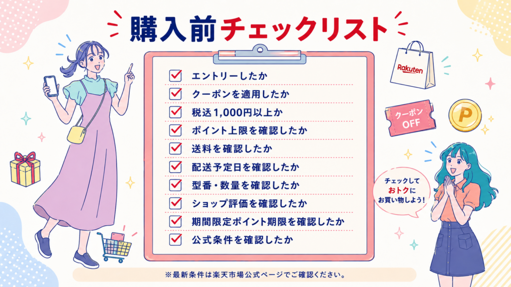 エントリー、クーポン、ポイント上限、送料、配送予定日など、楽天市場で購入前に確認する項目の一覧
