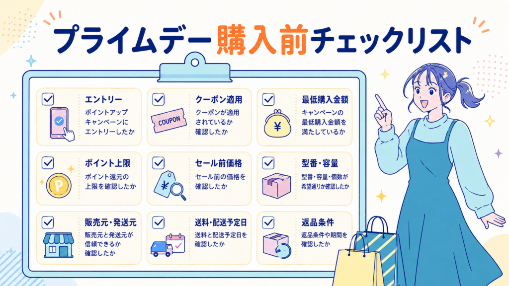 キャンペーンのエントリー、クーポン、最低購入金額、ポイント上限、販売元や返品条件など、購入前の確認項目をまとめたチェックリスト