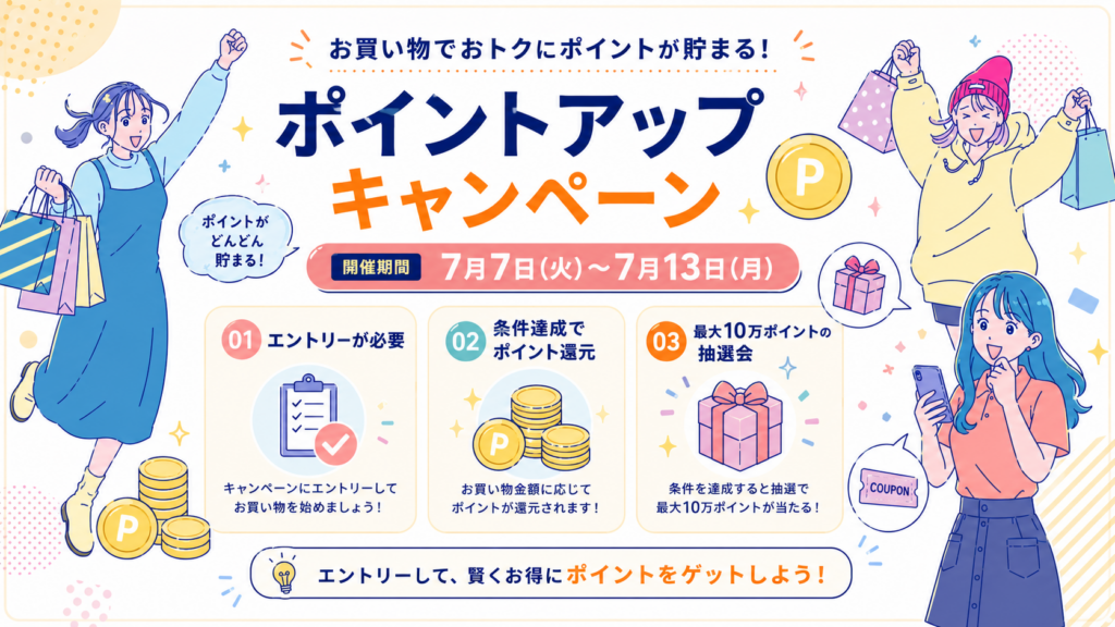 エントリーや買い物条件、最大10万ポイントの抽選会など、Amazonプライムデー2026のポイントアップキャンペーンを紹介する図