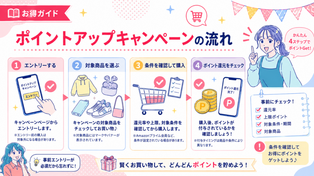 ポイントアップキャンペーンへのエントリー、対象商品の確認、条件を満たした購入、ポイント還元の確認までの流れを説明する図