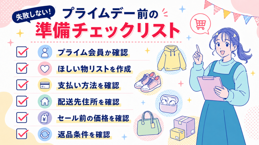 プライム会員、ほしい物リスト、支払い方法、配送先、セール前の価格、返品条件など、プライムデー前の確認項目をまとめた図