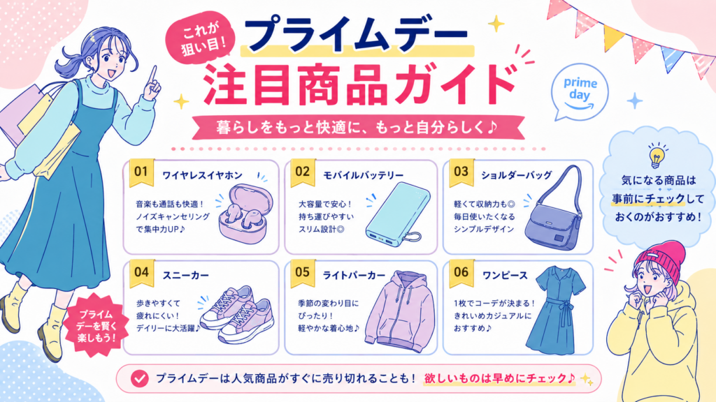 ワイヤレスイヤホン、モバイルバッテリー、バッグ、スニーカー、パーカー、ワンピースなど、プライムデーで確認したい商品を紹介する図