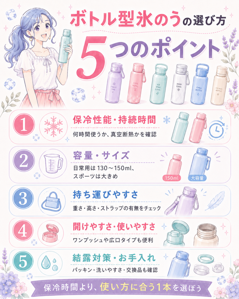 ボトル型氷のうを選ぶときの5つのポイントを、保冷性能、容量、持ち運びやすさ、開けやすさ、結露対策で整理した正方形画像