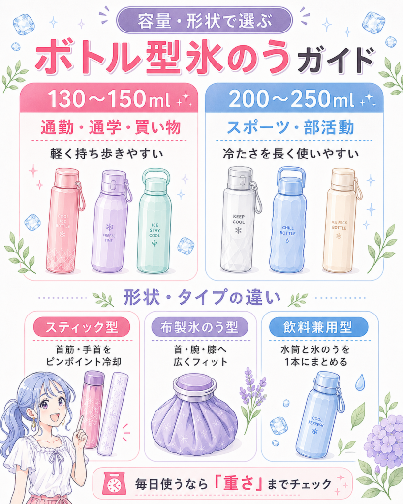 130〜150mlと200〜250mlの違いや、スティック型、布製氷のう型、飲料兼用型の特徴を比較したボトル型氷のうガイド画像