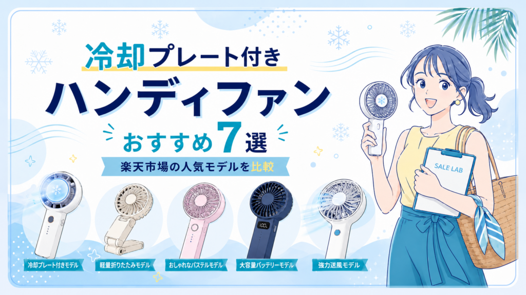 冷却プレート付きハンディファンのおすすめ7選を紹介するアイキャッチ画像。SALE LAB編集部サラのイラストと、複数のハンディファンが並び、楽天市場の人気モデル比較を表現している。