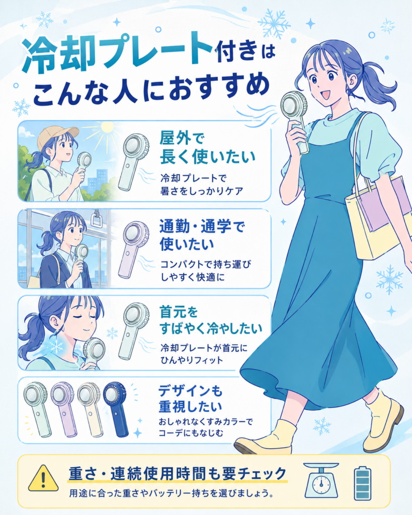 冷却プレート付きハンディファンがおすすめな人を紹介する画像。屋外で長く使いたい人、通勤・通学で使いたい人、首元をすばやく冷やしたい人、デザインも重視したい人向けであることを説明している。
