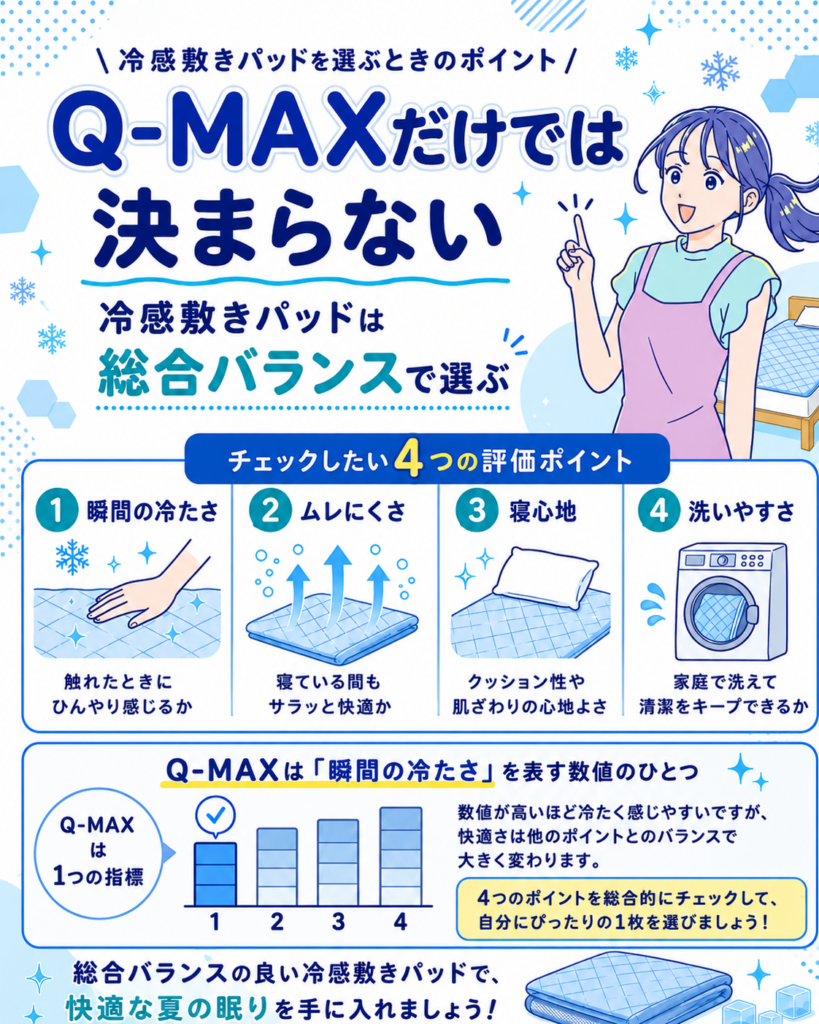 冷感敷きパッドを選ぶ際のポイントをまとめた画像。Q-MAXだけでなく、ムレにくさ、寝心地、洗いやすさ、価格のバランスを見ることが大切だと説明している。