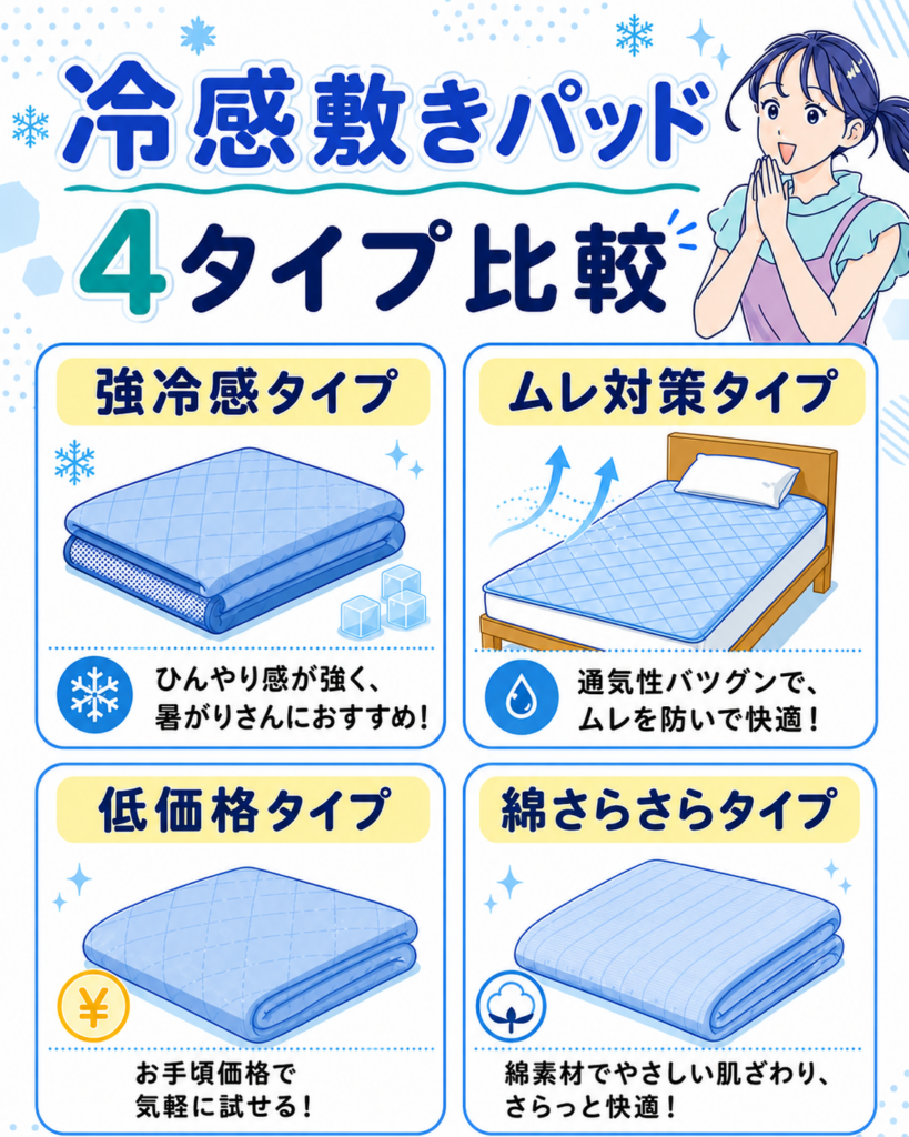 冷感敷きパッドのタイプ比較画像。強冷感タイプ、ムレ対策タイプ、低価格タイプ、綿素材タイプの特徴と向いている人をわかりやすく整理している。