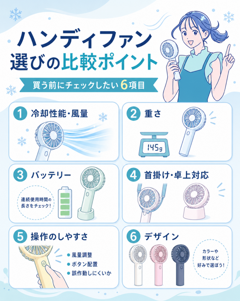 ハンディファンを選ぶときに確認したい6つの比較ポイントをまとめた画像。冷却性能・風量、重さ、バッテリー、首掛け・卓上対応、操作のしやすさ、デザインを分かりやすく紹介している。