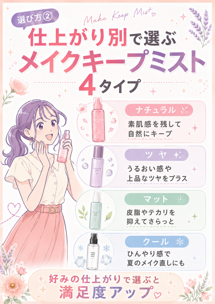 ナチュラル、ツヤ、マット、クールの4タイプからメイクキープミストを選ぶ比較画像