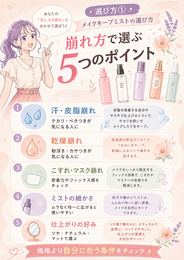 汗・皮脂崩れ、乾燥崩れ、こすれ、ミストの細かさ、仕上がりからメイクキープミストを選ぶ5つのポイント