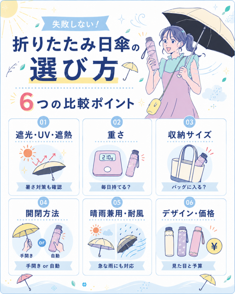 折りたたみ日傘を選ぶ際の6つの比較ポイント。遮光・UV・遮熱性能、軽さ、開閉方法、耐風性、デザイン、価格を紹介している。