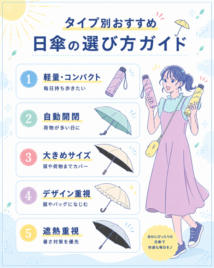 軽量・コンパクト、自動開閉、大きめ・耐風、遮熱重視、デザイン重視の5タイプから折りたたみ日傘を選ぶ方法を紹介している。