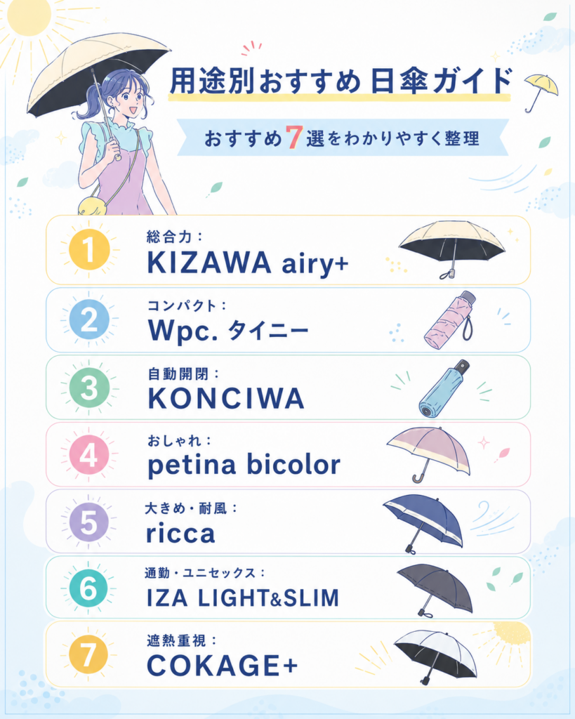 総合力、コンパクト、自動開閉、デザイン、大きめ・耐風、ユニセックス、遮熱性能の用途別におすすめの日傘を紹介している。