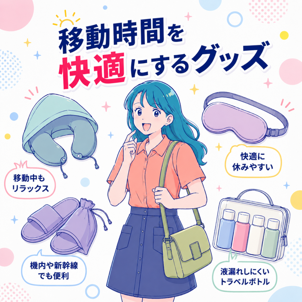 ネックピロー、スリープマスク、携帯スリッパ、トラベルボトルなど、飛行機や新幹線での移動を快適にする旅行用品を紹介する図