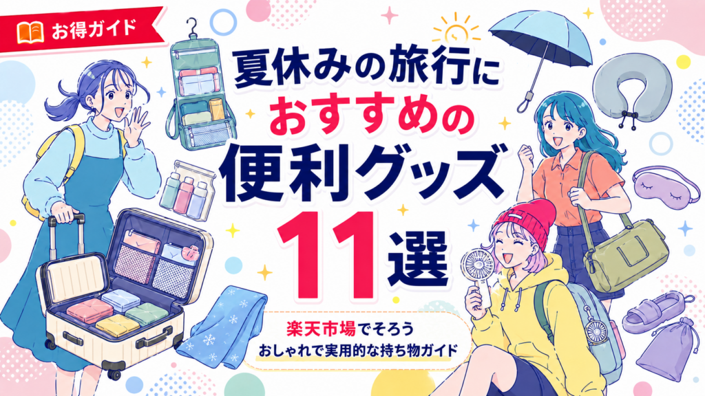 夏休みの旅行におすすめの収納用品、移動用グッズ、暑さ対策用品など、楽天市場でそろうおしゃれな便利グッズ11選を紹介する記事のアイキャッチ画像