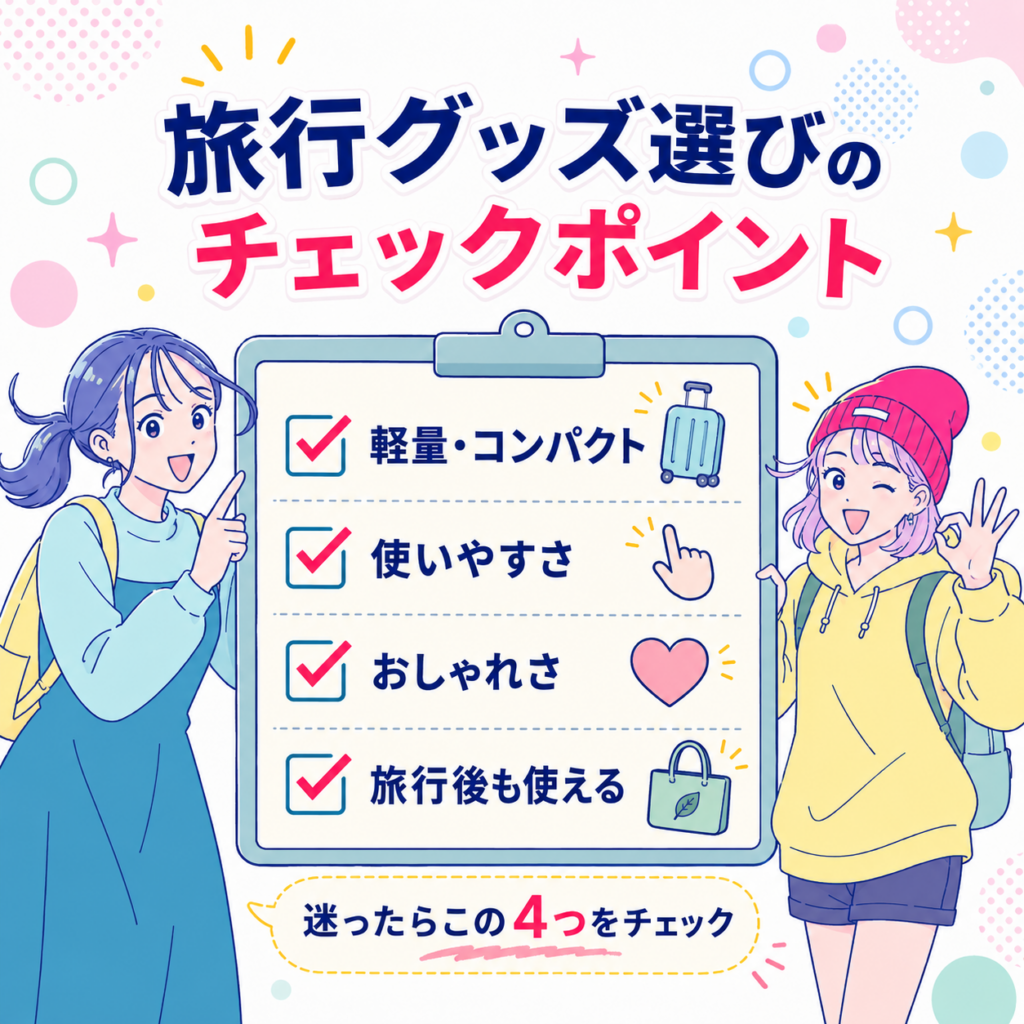 旅行グッズを選ぶ際に確認したい、軽量・コンパクト、使いやすさ、おしゃれさ、旅行後も使えるという4つのポイントをまとめた図