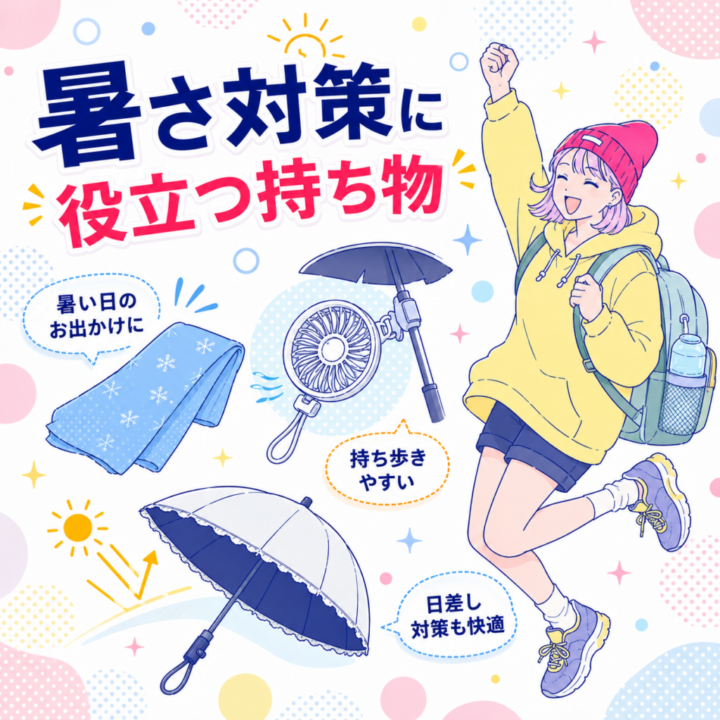 折りたたみ日傘、日傘に取り付けられるハンディファン、冷感タオルなど、夏の旅行に役立つ暑さ対策用品を紹介する図