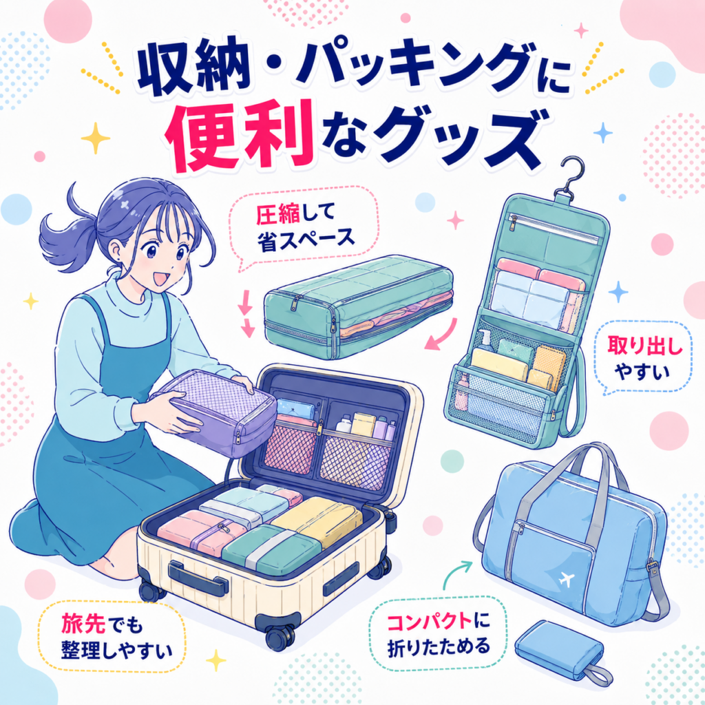 圧縮トラベルポーチ、吊り下げポーチ、折りたたみバッグを使って、旅行の荷物をコンパクトに整理する方法を紹介する図