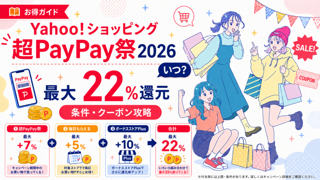 超PayPay祭、毎日のポイント特典、ボーナスストアPlusを組み合わせた最大22％還元の仕組みを紹介する図