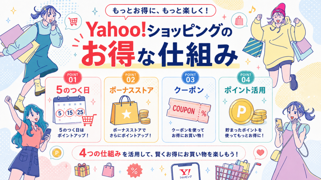 5のつく日、ボーナスストア、クーポン、ポイント活用など、Yahoo!ショッピングのお得な仕組みを紹介する図