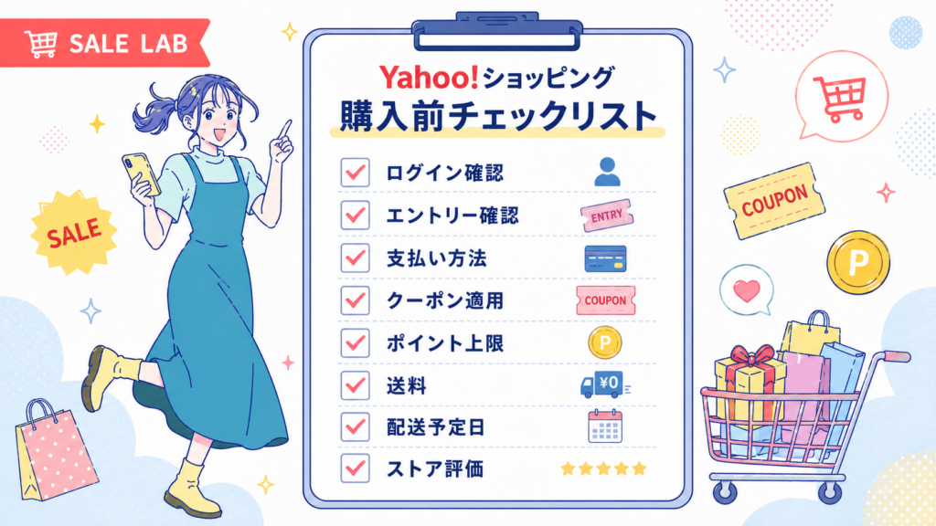 ログイン、キャンペーンへのエントリー、支払い方法、クーポン、ポイント上限、送料、配送予定日などの購入前確認項目
