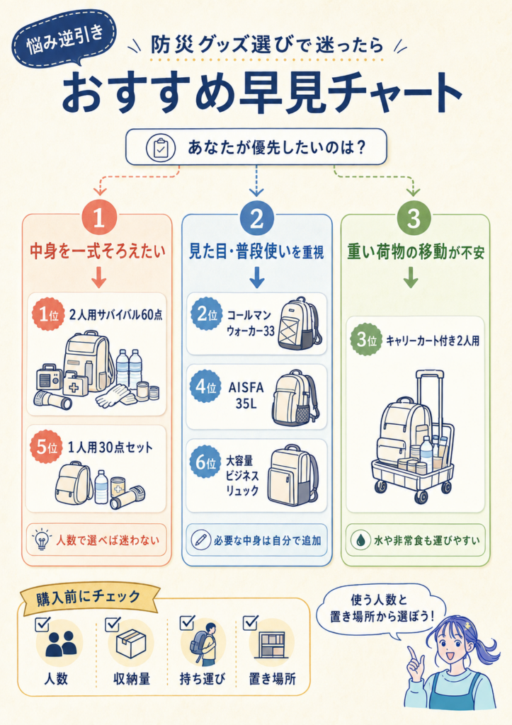 防災リュック6商品を中身の充実度・普段使い・荷物の運びやすさから選べる悩み別おすすめ早見チャート