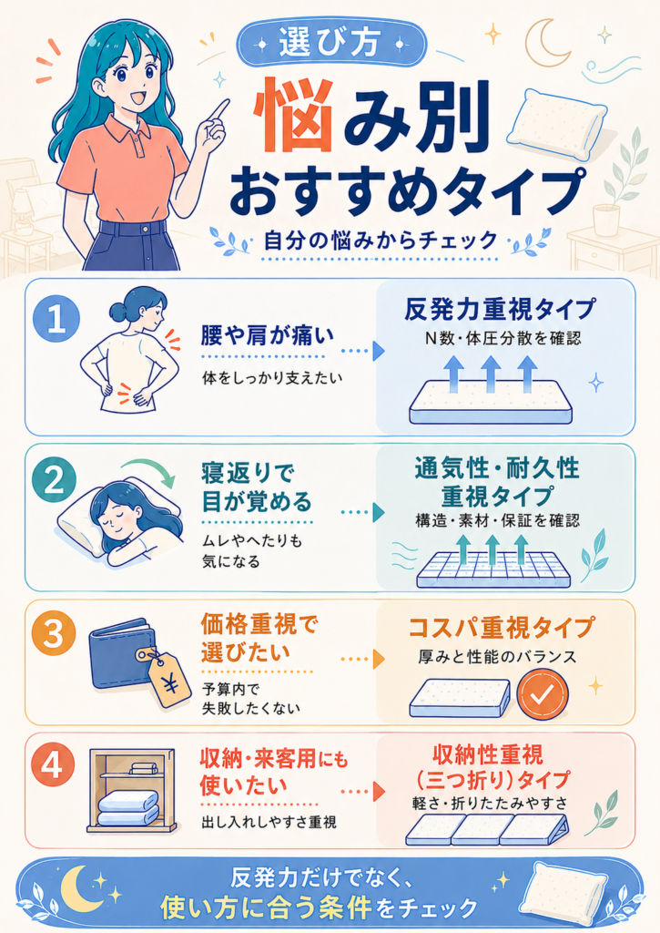 腰や肩の痛み・寝返り・価格・収納の悩みから高反発マットレスの選び方を確認できるフローチャート