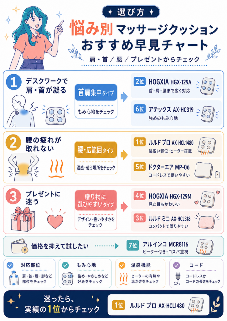 マッサージクッション7商品を肩・首、腰、プレゼントの悩み別に選べるおすすめ早見チャート