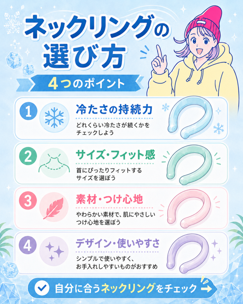 ネッククーラーの選び方を冷却力・持続時間・サイズ調整・つけ心地の4項目で解説した画像