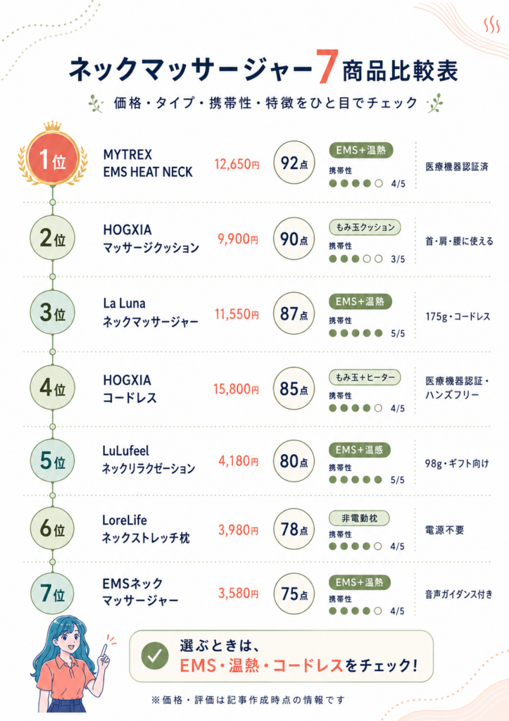 ネックマッサージャー7商品の価格・総合点・タイプ・携帯性・特徴を比較した一覧表