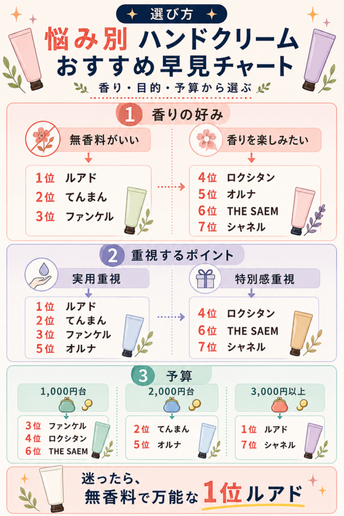 香りの好み・重視するポイント・予算から、おすすめハンドクリームの順位を選べる早見チャート