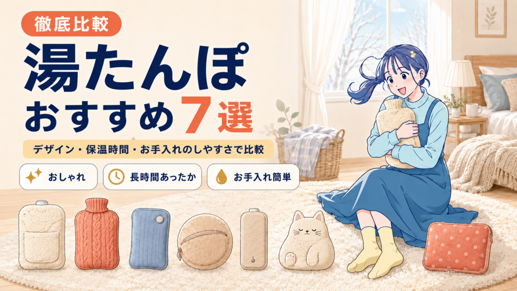 サラと7種類の湯たんぽを、デザイン・保温時間・お手入れのしやすさで比較する「湯たんぽおすすめ7選」のアイキャッチ画像