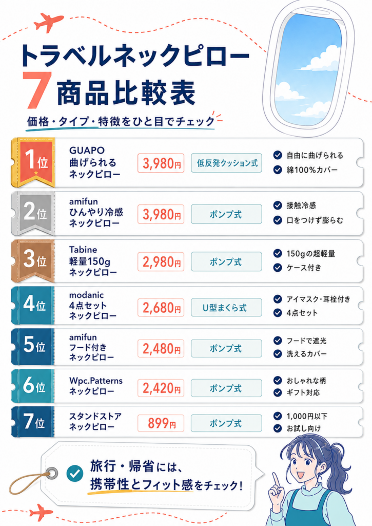 トラベルネックピロー7商品の順位・価格・タイプ・特徴を比較した一覧表