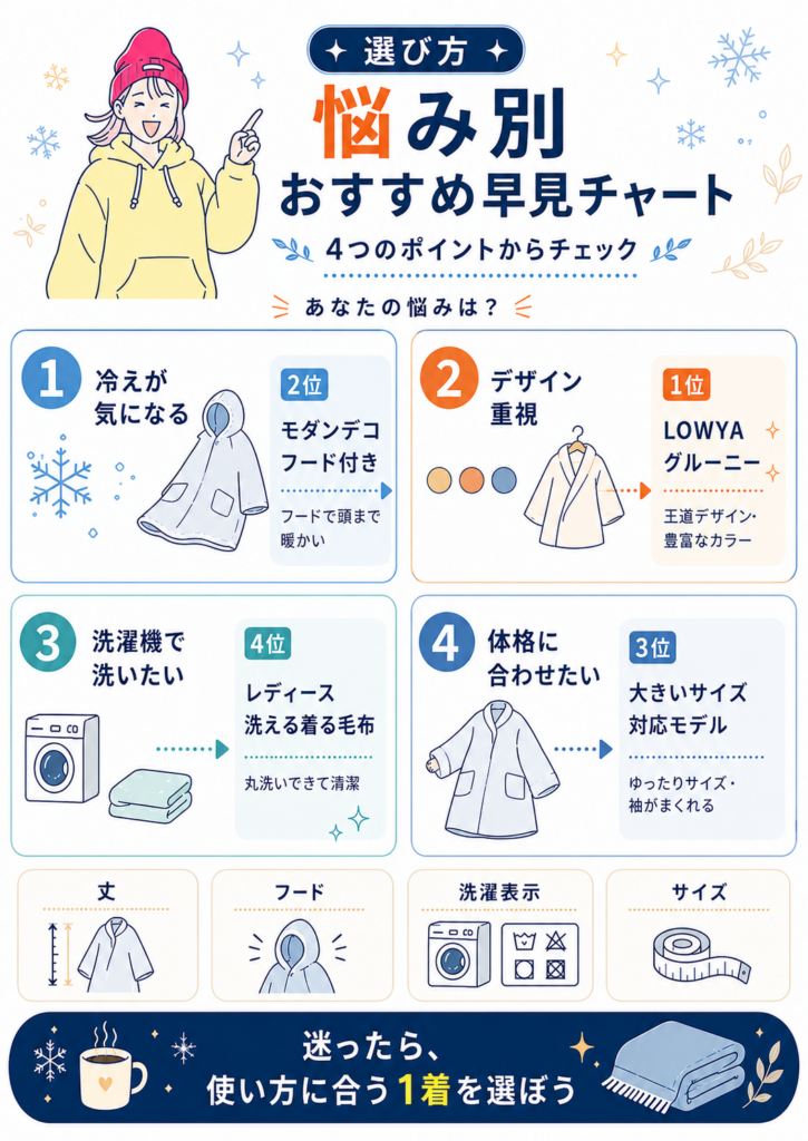 着る毛布を冷え・デザイン・洗濯・体格の悩み別に選べるおすすめ早見チャート