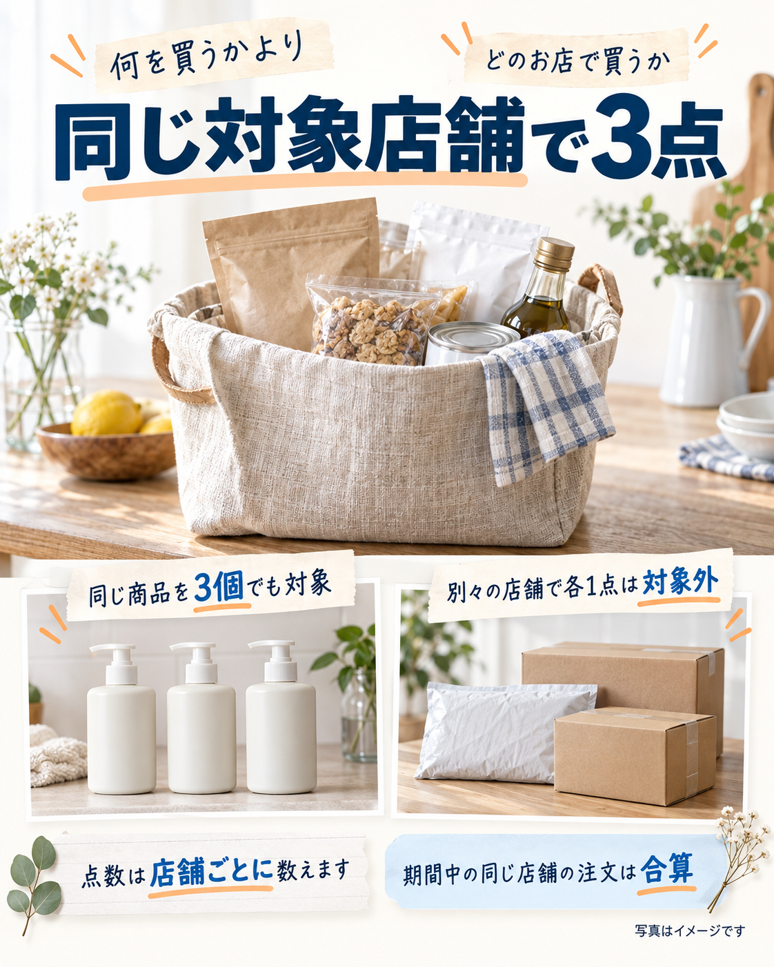 同じ対象店舗で3点または同じ商品を3個買う場合は対象となり、別々の店舗で各1点は対象外となる点数ルール