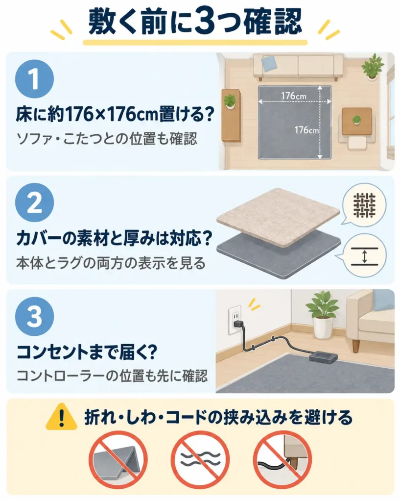 約176×176cmの設置場所、カバーの素材と厚み、コンセントとコントローラーの位置を確認する図