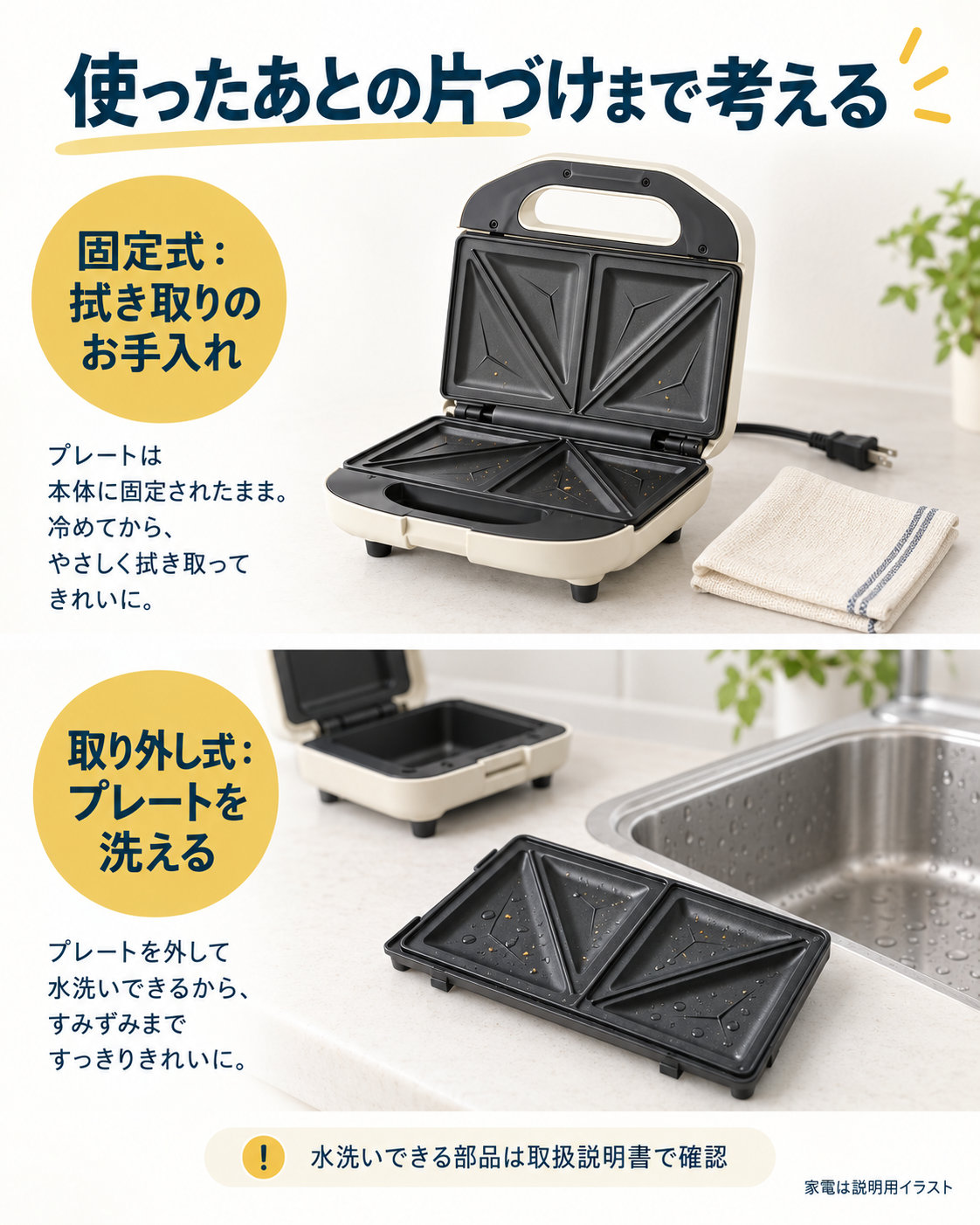 固定式プレートと取り外し式プレートのお手入れ方法を比較した図
