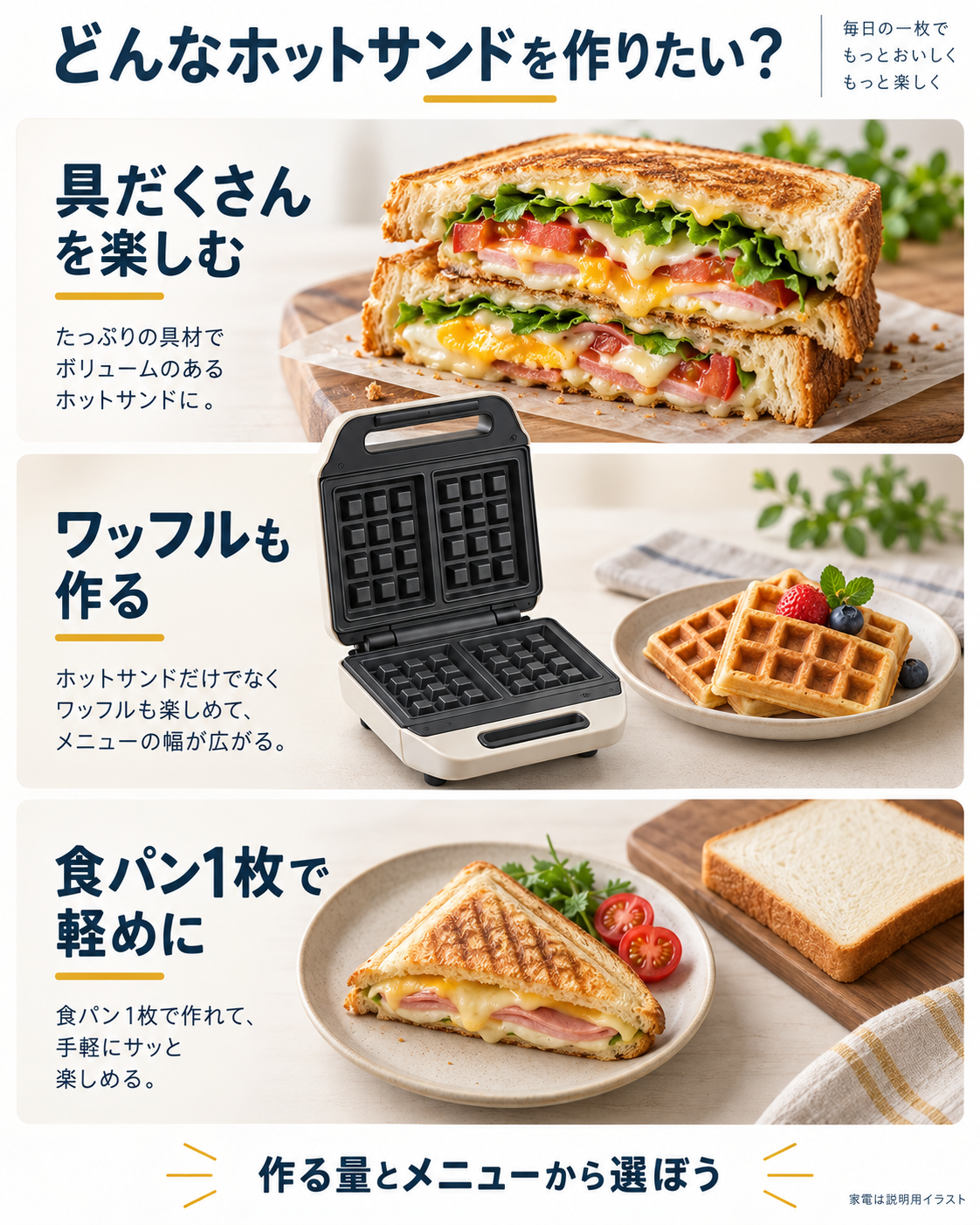 具だくさん、多用途、食パン1枚の3つの目的からホットサンドメーカーを選ぶ図
