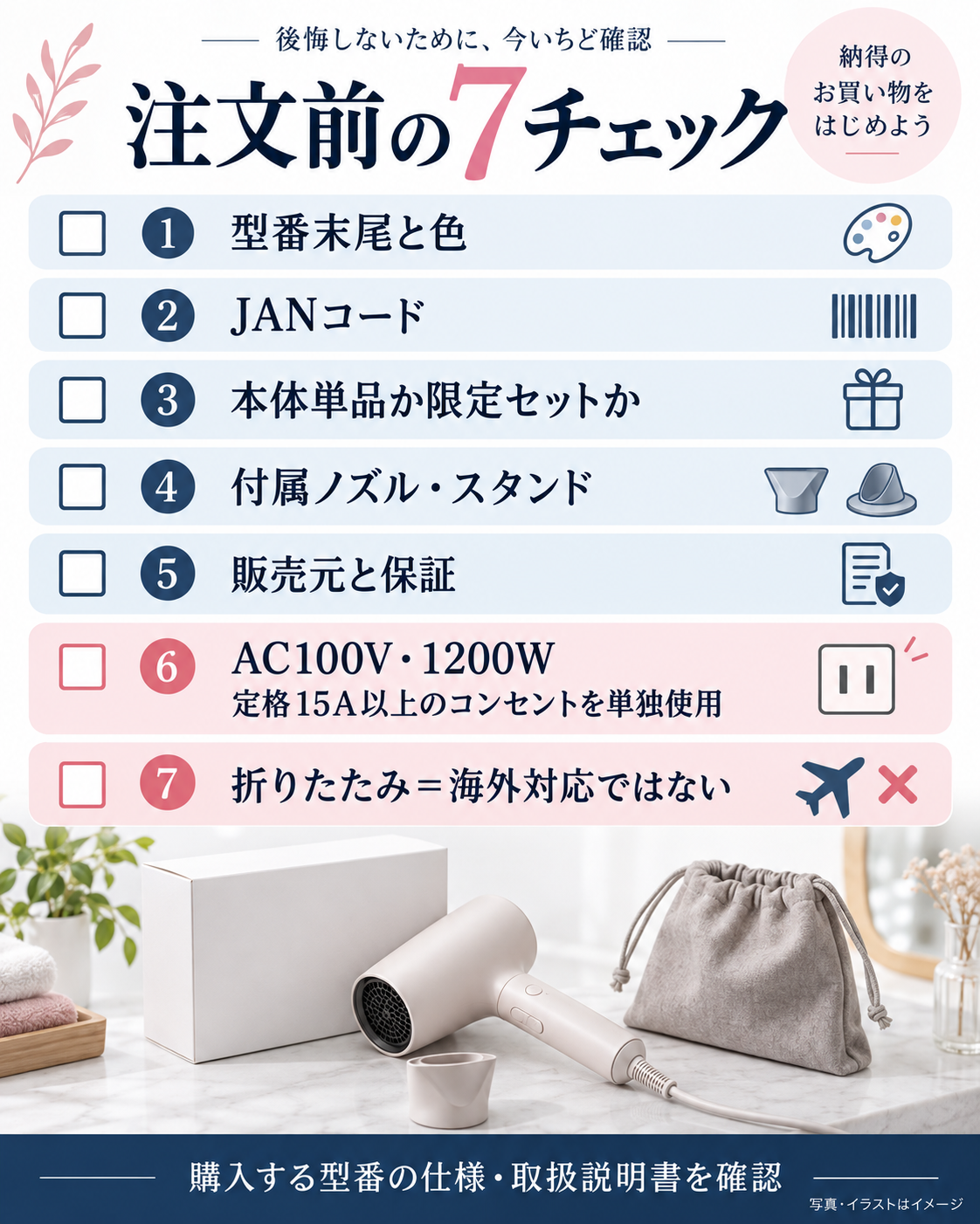 ナノケアドライヤー購入前に型番、付属品、電源、海外対応を確認するチェックリスト