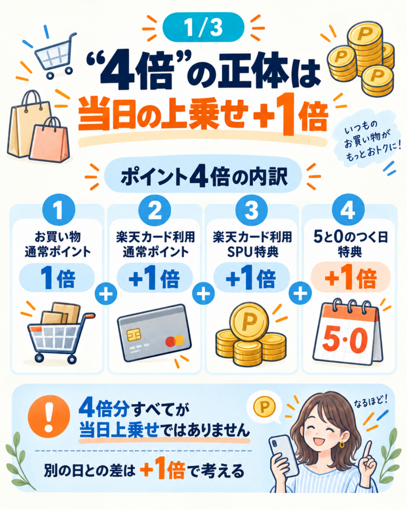 楽天市場「5と0のつく日」のポイント4倍の内訳。当日の上乗せはプラス1倍