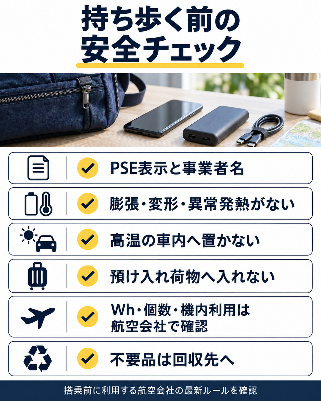 PSE表示、異常発熱、機内持ち込み、回収先を確認するモバイルバッテリーの安全チェックリスト
