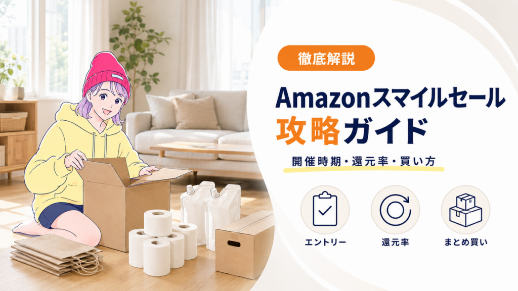 北欧風リビングで配送箱を開けるSALE LABのリコと、Amazonスマイルセールの開催時期・還元率・買い方を解説するアイキャッチ画像
