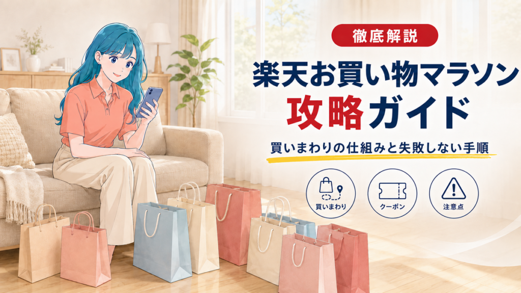 北欧風リビングでスマホを見ながら色違いの紙袋を眺めるSALE LABのミオと、楽天お買い物マラソンの買いまわり・クーポン・注意点を解説するアイキャッチ画像