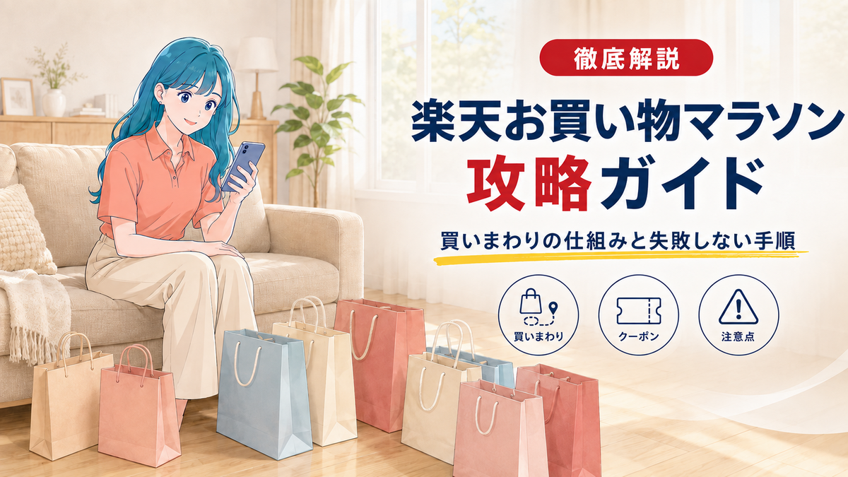 北欧風リビングでスマホを見ながら色違いの紙袋を眺めるSALE LABのミオと、楽天お買い物マラソンの買いまわり・クーポン・注意点を解説するアイキャッチ画像