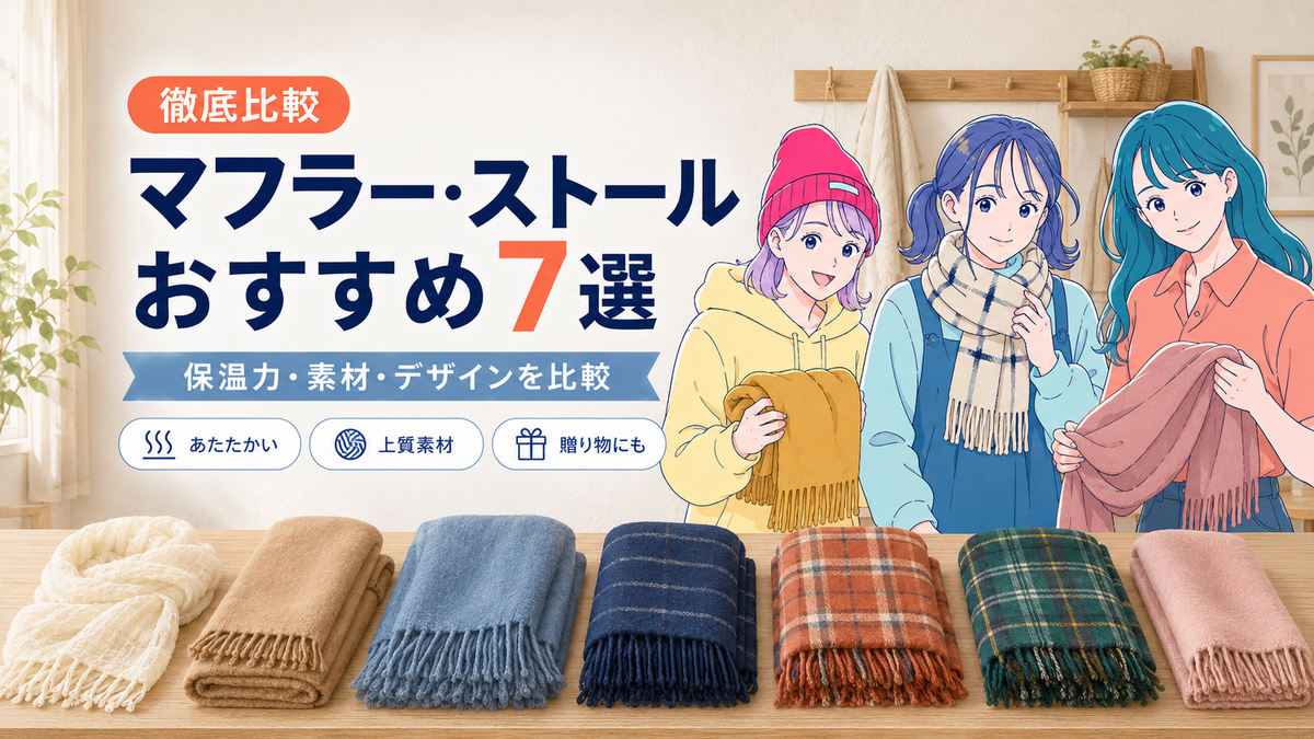 SALE LABのサラ・リコ・ミオと7種類のマフラー・ストールを並べ、保温力・素材・デザインの比較を紹介する画像