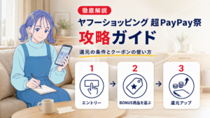 北欧風リビングでスマホを見ながらメモを取るSALE LABのサラと、ヤフーショッピング超PayPay祭のエントリー・BONUS商品・還元アップの手順を解説するアイキャッチ画像
