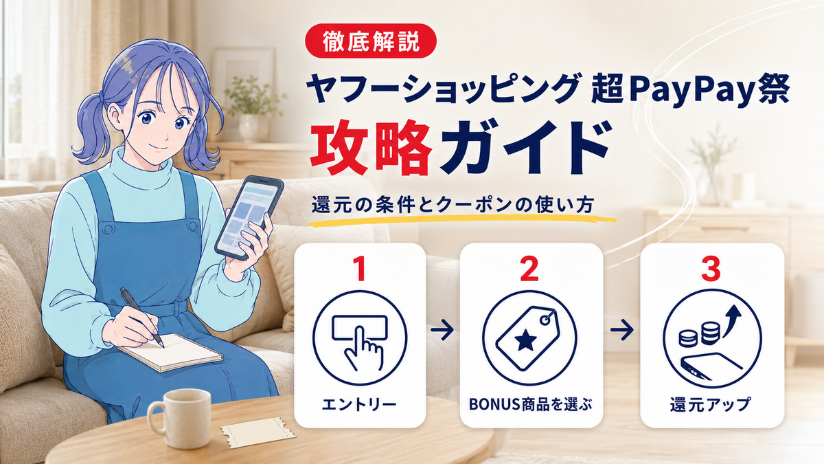 北欧風リビングでスマホを見ながらメモを取るSALE LABのサラと、ヤフーショッピング超PayPay祭のエントリー・BONUS商品・還元アップの手順を解説するアイキャッチ画像