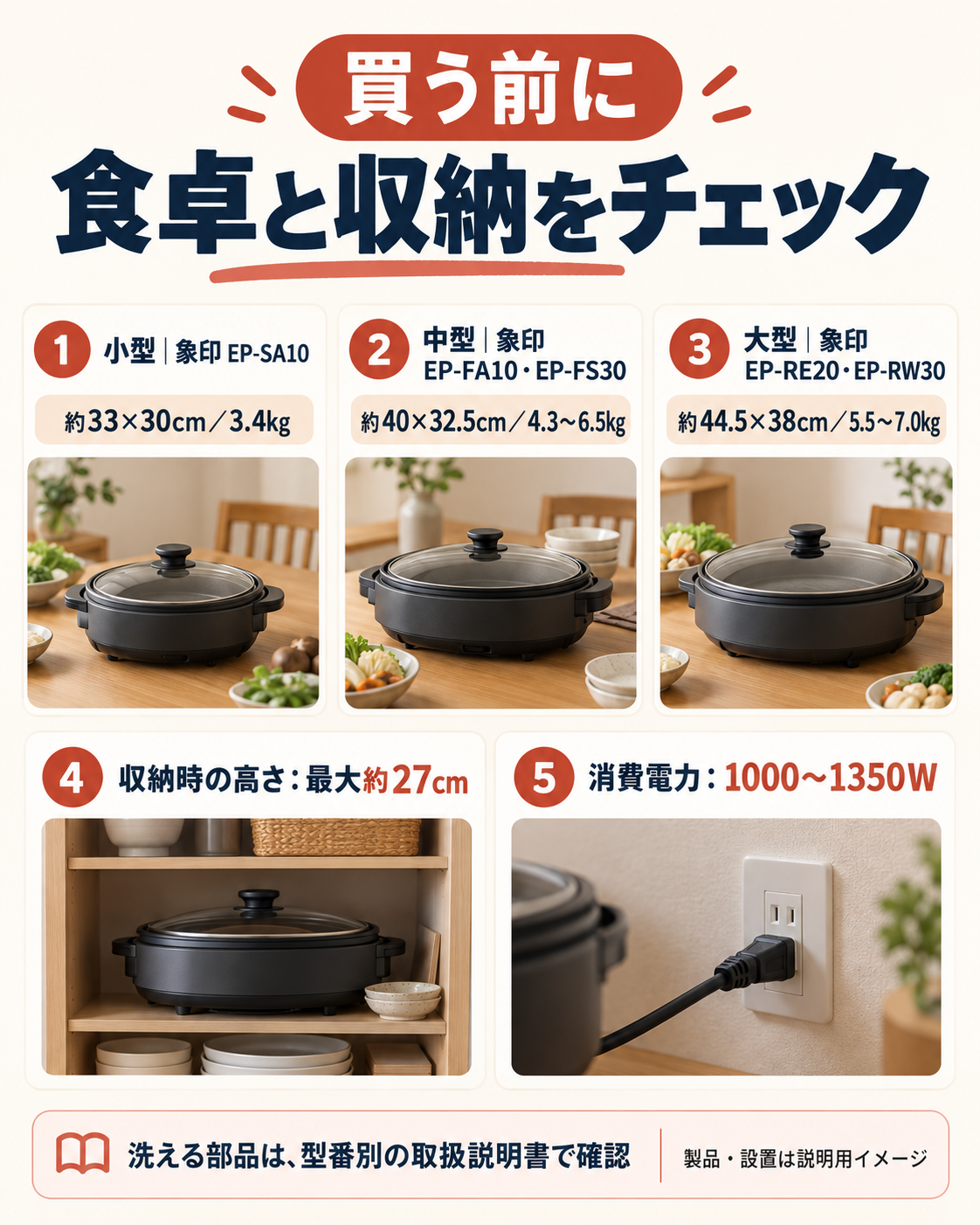 象印あじまる購入前に確認するサイズ・重さ・収納の図