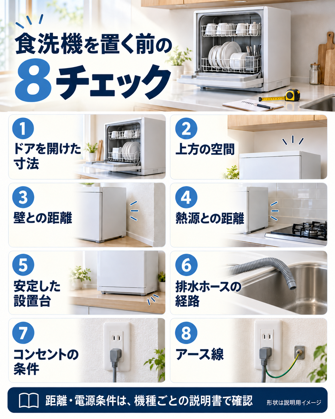 卓上食洗機を設置する前に確認する寸法・壁面距離・電源・アースの8項目